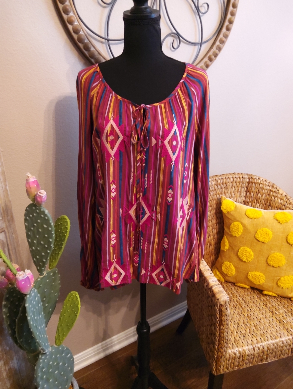 Savanna Jane Women's Magenta Striped Boho Tie-Front Tunic